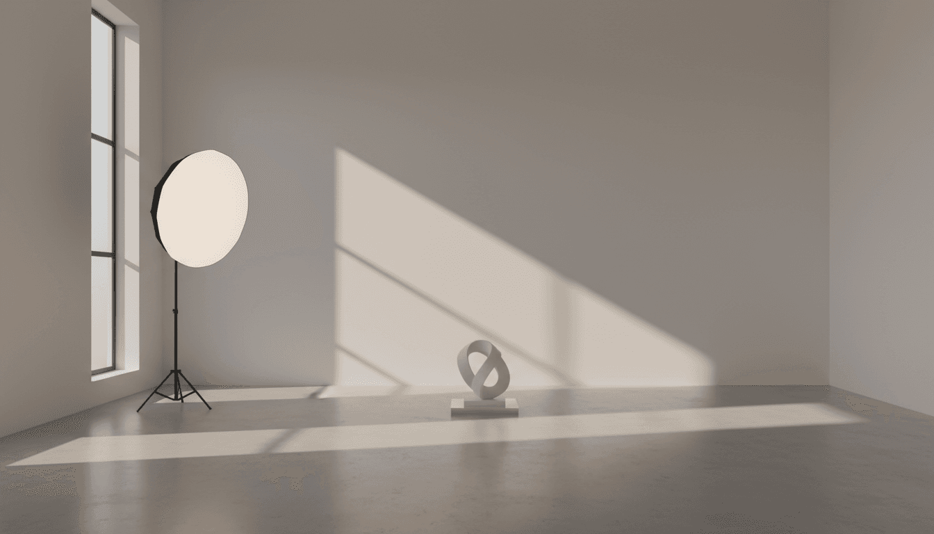 Minimalist studio with soft warm light and dramatic shadows