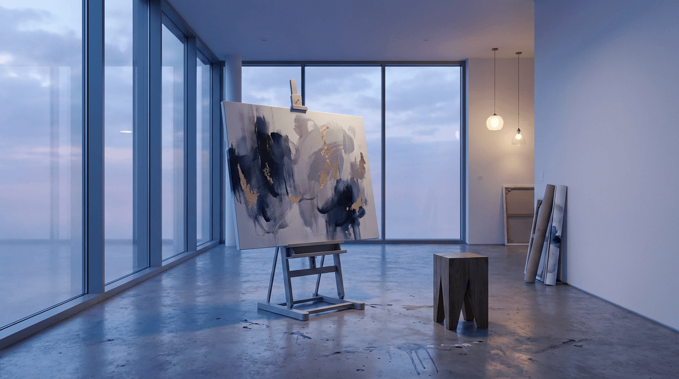 Minimalist dark studio with soft warm lighting and elegant abstract shadows