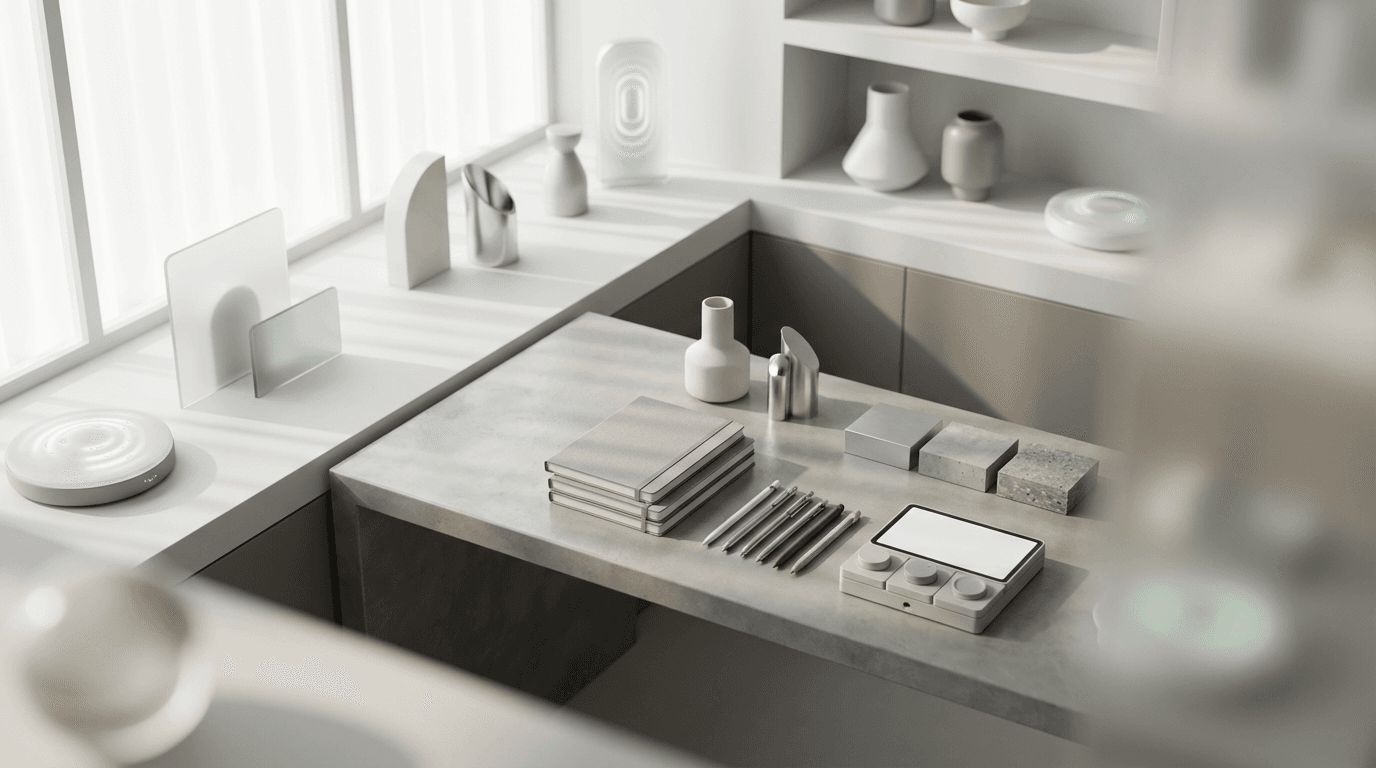 Minimalist black and white studio interior with soft shadows